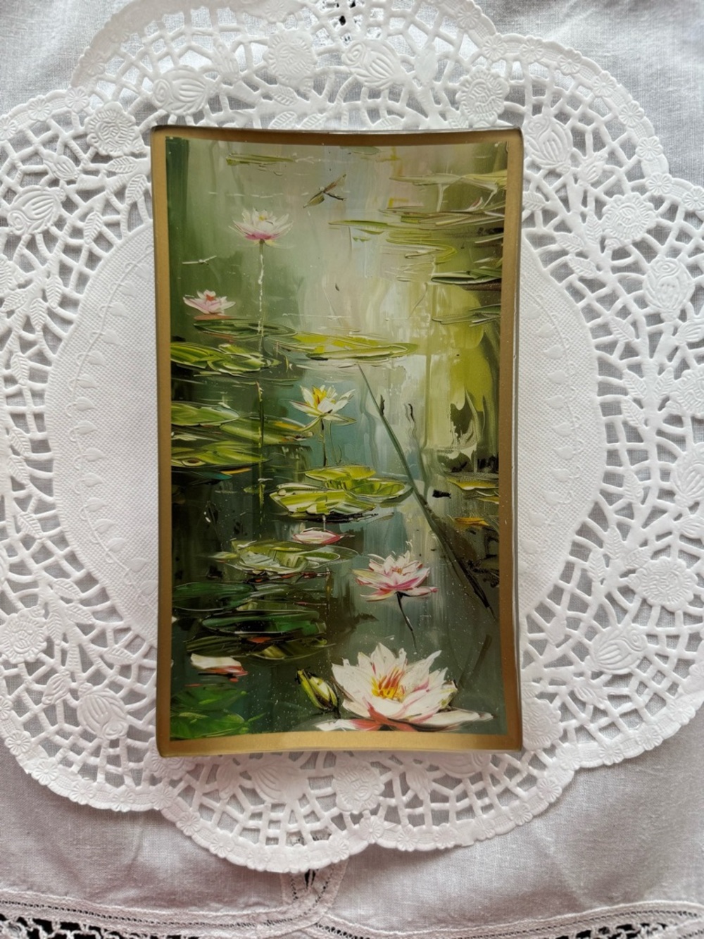 Trinket tray Water Lilies  Green and Pink with gold trim 8” x 4.5”